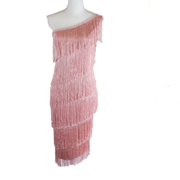 One Shoulder Tiered Fringe Bodycon Dress Pink - Picture 6 of 8